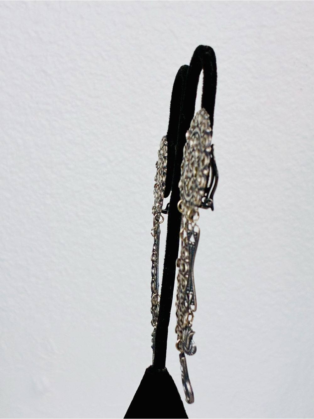 Antique Silver-Tone Art Deco Revival Dark Swarovski Dangle Clip Earrings 90s EUC - Picture 7 of 12